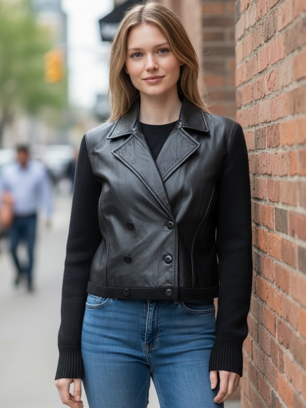 Vintage Anne Klein II Black Leather-Front Double-Breasted Jacket w/ wool sleeves